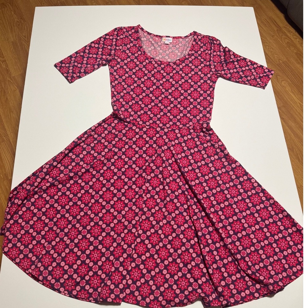 LuLaRoe Nicole Dress Pink Purple Floral Geometric Fit Flare Medallion Medium